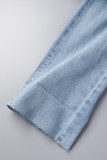 Light Blue Street Solid Patchwork High Waist Ripped Denim Jeans