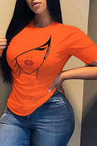 Orangefarbene, lässige Patchwork-T-Shirts mit O-Ausschnitt und täglichem Aufdruck