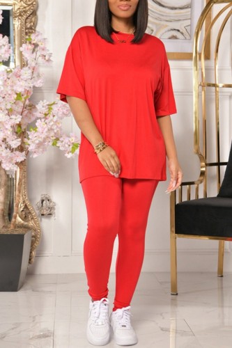 Red Casual Solid Basic O Neck Short Sleeve Two Pieces