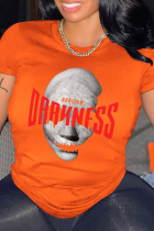 Orange Lässige T-Shirts mit Patchwork-O-Ausschnitt und Einfachheitsdruck