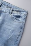 Hellblaue, einfarbige, zerrissene Patchwork-Denim-Jeans mit hoher Taille