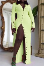 Hellgrüne, lässige, solide Patchwork-Kleider mit V-Ausschnitt und langen Ärmeln