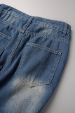 Jeans jeans cintura alta azul marinho Street sólido patchwork rasgado