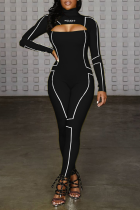 Schwarze, lässige, schmal geschnittene Rollkragen-Jumpsuits mit Sportswear-Print und Ausschnitten