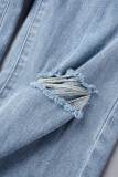Diepblauwe Street Solid gescheurde patchwork jeans met hoge taille