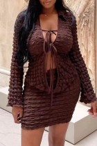 Dark Brown Casual Solid Bandage V Neck Long Sleeve Two Pieces