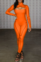 Tangerine Red Casual Sportswear Print Cut Out Tute skinny a collo alto
