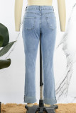 Jeans jeans preto Street sólido rasgado patchwork cintura alta