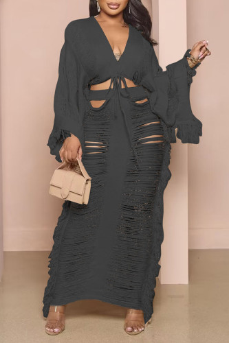 Black Sexy Solid Hollowed Out Patchwork Draw String Frenulum V Neck Long Sleeve Tassel Two Pieces Crop Tops And Skirt Sets