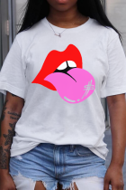 Blanco Casual Street Lips Impreso Patchwork O Cuello Camisetas