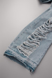 Sky Blue Street Solid Make Old Patchwork High Waist Distressed Ripped Denim Jeans