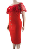 Rojo sexy sólido patchwork fuera del hombro falda de un paso vestidos de talla grande
