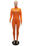 Mandarinröd Casual Sportswear Print Cut Out Skinny Jumpsuits med turtleneck