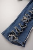 Marineblauwe Street Solid gescheurde patchwork jeans met hoge taille