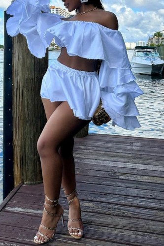 White Sexy Casual Solid Patchwork Backless Off the Shoulder Long Sleeve Two Pieces