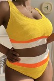 Roupa de banho amarela sexy sólida patchwork sem costas contraste decote oco plus size