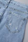 Light Blue Street Solid Ripped Patchwork High Waist Denim Jeans