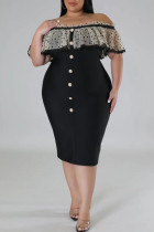 Zwarte sexy effen patchwork uit de schouder een stap rok plus size jurken