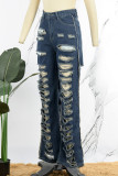 Marineblauwe Street Solid gescheurde patchwork jeans met hoge taille