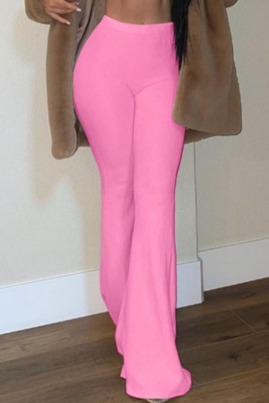 Pantalon décontracté uni basique skinny taille haute conventionnel couleur unie rose