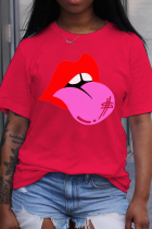 Rode casual Street Lips bedrukte patchwork T-shirts met O-hals