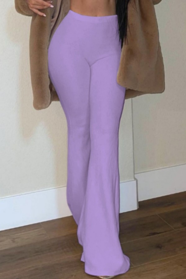 Rosa Roxo Calça casual sólida básica skinny cintura alta convencional de cor sólida