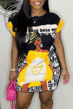Gelbes, lässiges T-Shirt-Kleid mit Street-Print und Patchwork-O-Ausschnitt
