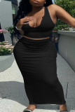 Black Sexy Daily Solid U Neck Plus Size Two Pieces