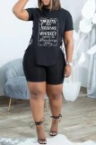 Black Casual Letter Print Frenulum O Neck Short Sleeve Two Pieces