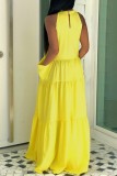 Yellow Casual Solid Patchwork O Neck Long Dress Dresses