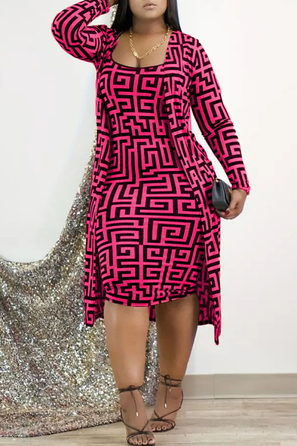 Rose Red Casual Print Patchwork U Neck Plus Size Two Pieces(Without Belt)