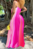 ピンクのファッションセクシーなプリント背中の開いたスパゲッティストラップロングドレス