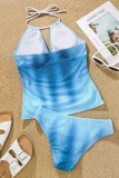 Lichtblauw Sexy Geleidelijk Veranderende Print Bandage Uitgeholde Backless Zwemkleding (Met Paddings)