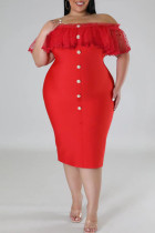 Rode sexy effen patchwork off-shoulder eenstaps rok plus size jurken