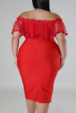 Rojo sexy sólido patchwork fuera del hombro falda de un paso vestidos de talla grande