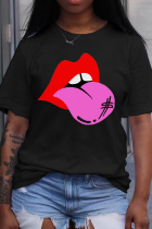 T-shirt con collo o patchwork stampate con labbra casual nere da strada