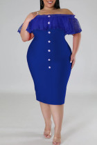 Blauwe sexy effen patchwork uit de schouder een stap rok plus size jurken