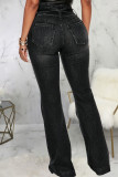 Jeans in denim a vita alta con patchwork solido casual nero