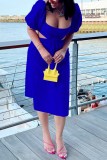 Black Casual Solid Hollowed Out Backless Square Collar One Step Skirt Short Sleeve Dress