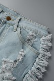 Light Blue Street Solid Make Old Patchwork High Waist Distressed Tassel Ripped Denim Shorts