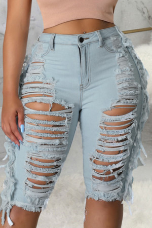 Light Blue Street Solid Make Old Patchwork High Waist Distressed Tassel Ripped Denim Shorts