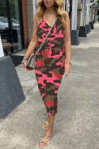 Rose Red Sexy Casual Print Backless Spaghetti Band Regular Jumpsuits