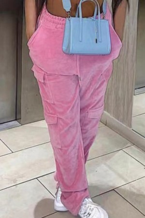 ピンク カジュアル ソリッド パッチワーク レギュラー ハイウエスト コンベンショナル ソリッド カラー パンツ