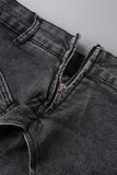 Black Street Solid Patchwork Asymmetrical High Waist Regular Spliced Pocket Skinny Denim Mini Skirts