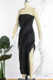 Zwarte sexy effen patchwork ruche spleet asymmetrische strapless lange jurkjurken