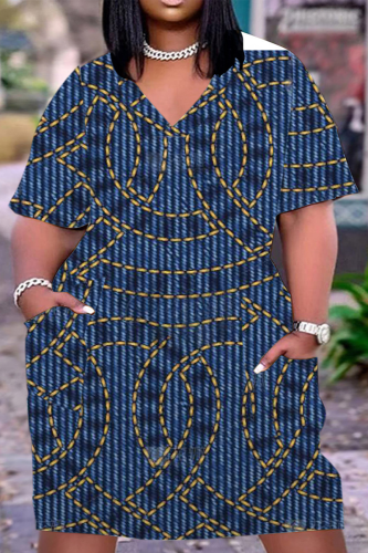 Tibetan Blue Casual Street Vintage Print Make Old Pocket V Neck A Line Plus Size Dresses