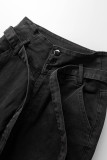 Black Casual Solid Bandage Patchwork High Waist Flare Leg Denim Jeans