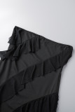 ブラック セクシー ソリッド パッチワーク フラウンス スリット 非対称 ストラップレス ロングドレス ドレス