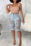 Lichtblauwe Street Solid Ripped Maak oude patchwork denim shorts met hoge taille
