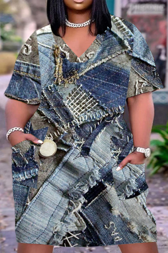 Blue Gray Casual Street Vintage Print Make Old Pocket V Neck A Line Plus Size Dresses
